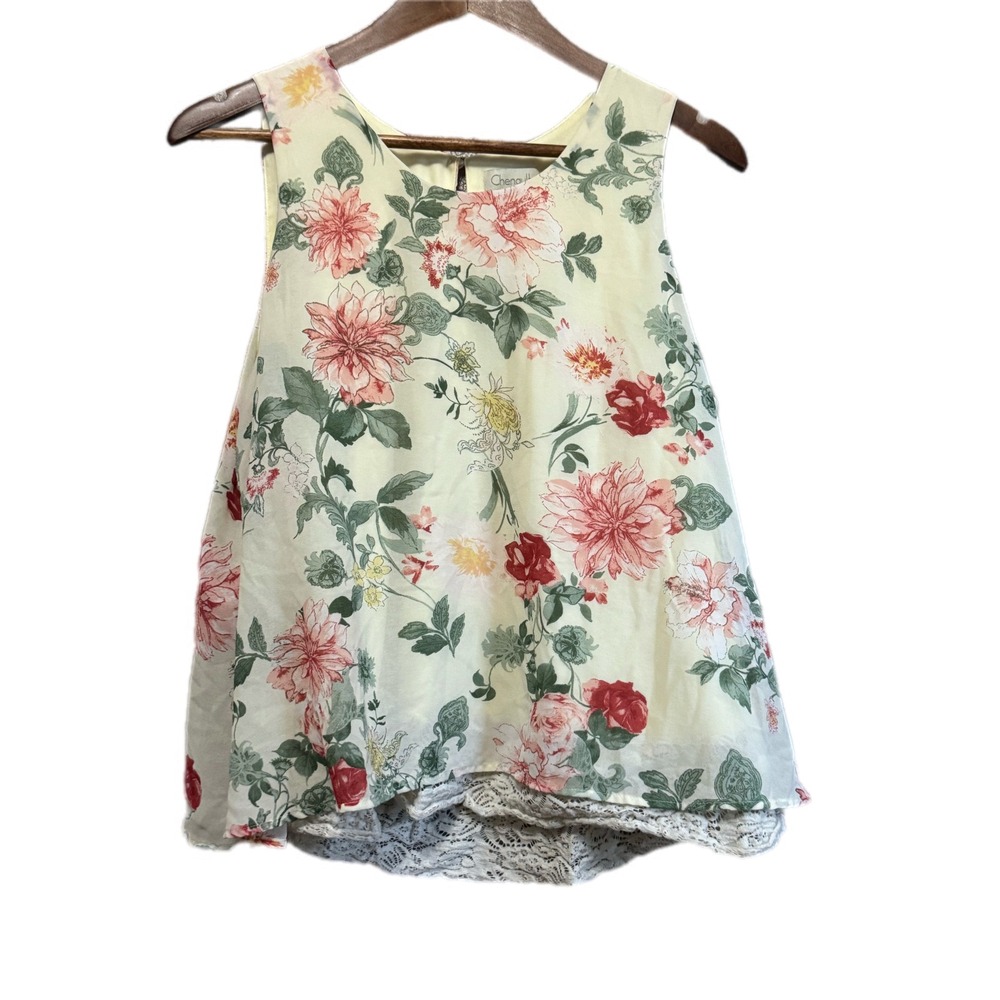 Chenault Floral Blouse Women XL Yellow Excellent Lace Trim Sleeveless Top